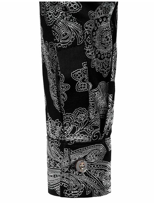 ZEROYAA Mens Hipster Gold Rose Printed Slim Fit Long Sleeve Dress Shirts/Prom Performing Shirts