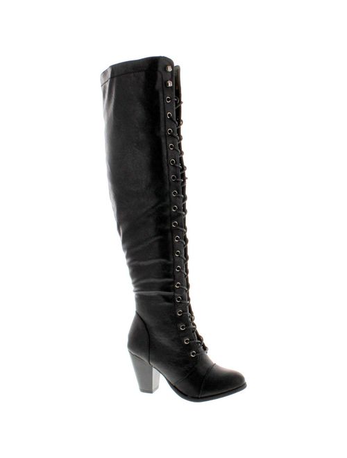 Forever Women's Chunky Heel Lace up Over-The-Knee High Riding Boots