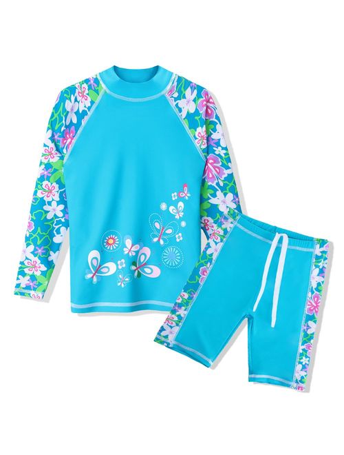 TFJH E Girls Swimsuit UPF 50+ UV Two Piece Long Sleeve Swimwear Rash Guard Sets 3-12Y
