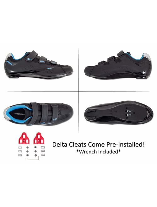 Tommaso Pista - Holiday Special Pricing - Women's Spin Class Ready Cycling Shoe Bundle with Compatible Cleat, Look Delta, SPD - Black, Blue, Pink, White