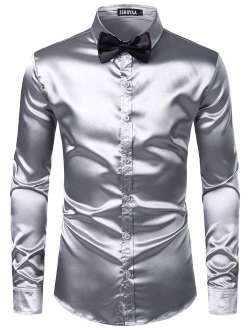 Luxury Satin Button Up Black Shiny Silk Dress Shirts