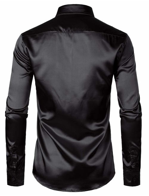 ZEROYAA Luxury Satin Button Up Black Shiny Silk Dress Shirts