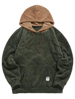 Color Blocking Fuzzy Fluffy Men Hoodie Unisex Men Sherpa Pullover Loose Sweatshirt