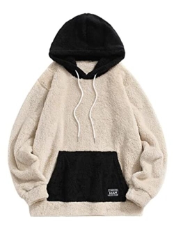 Color Blocking Fuzzy Fluffy Men Hoodie Unisex Men Sherpa Pullover Loose Sweatshirt