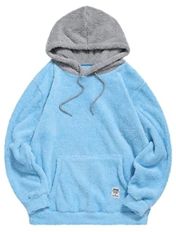 Color Blocking Fuzzy Fluffy Men Hoodie Unisex Men Sherpa Pullover Loose Sweatshirt