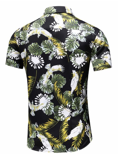 LEFTGU Men's Slim fit Floral Printed Beach Hawaiian Button-Down Dress Shirt