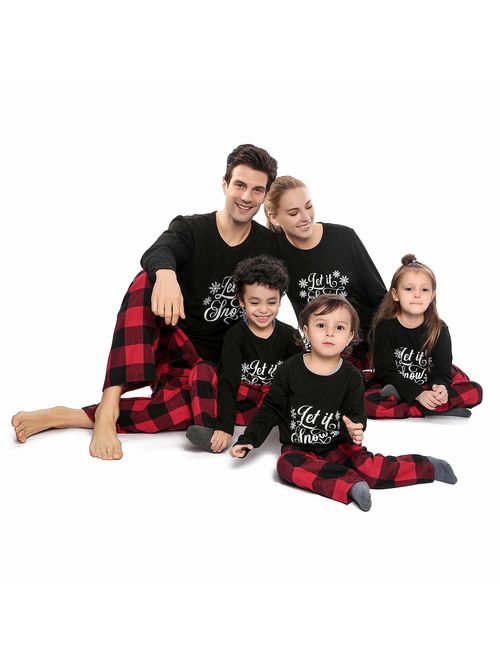 Family Christmas Pajamas Matching Set, Holiday Black Tops and Red Plaid PJs Pants Sleepwear for Couples, Women, Men, Kids