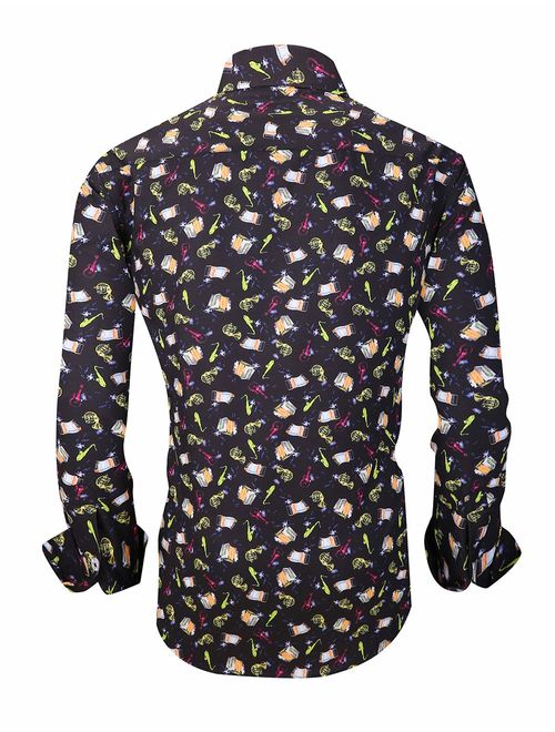 Joey CV Mens Printed Dress Shirts Long Sleeve Regular Fit Wrinkle Free Casual Button Down Shirt
