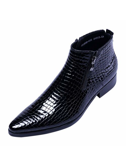 SANTIMON Men's Ankle Patent Leather Fashion Plaid Zipper Pointed Toe Casual Boots