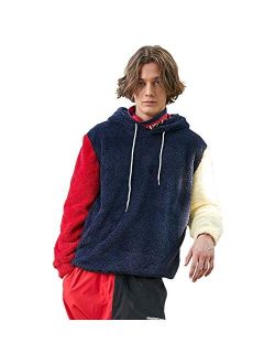 Men's Color Block Patchwork Fuzzy Sherpa Pullover Drawstring Fluffy Men Hoodie