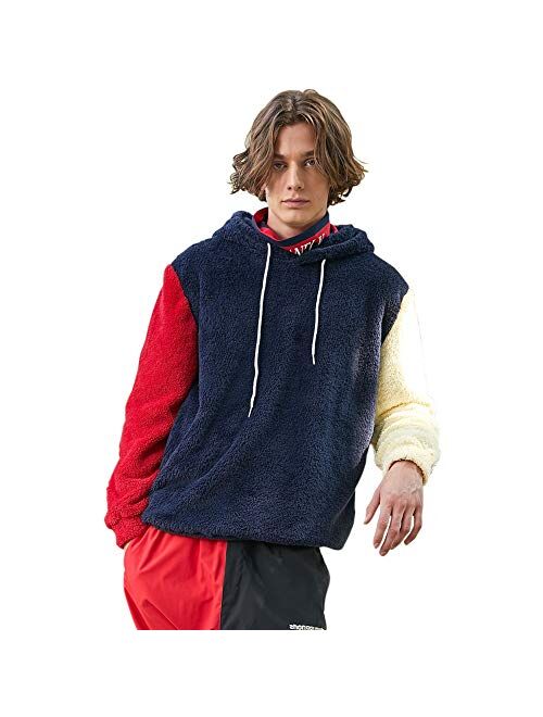 ZAFUL Men' s Fuzzy Hoodie Unisex Color Block Sherpa Pullover Loose Fluffy Drawstring Hooded Sweatshirt Outwear 