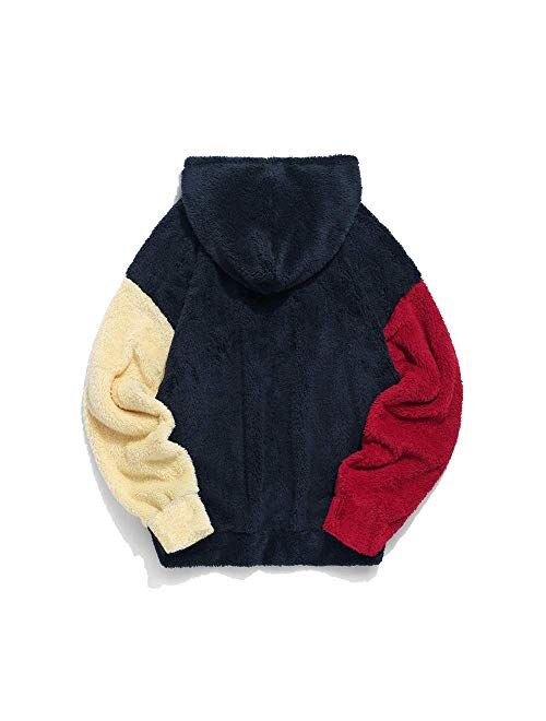 ZAFUL Men's Color Block Patchwork Fuzzy Sherpa Pullover Drawstring Fluffy Men Hoodie