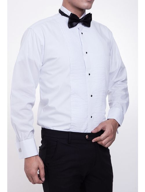 Piero Lusso Men's Wingtip Collar Tuxedo Dress Shirt with French Cuffs and Bow Tie