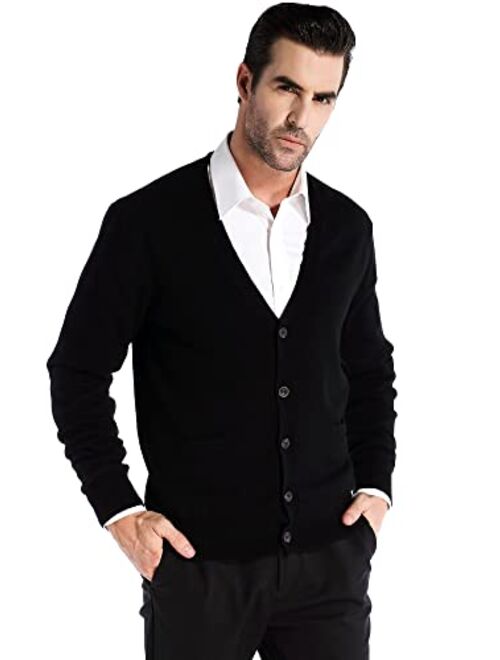 Kallspin Men's Relax Fit V-Neck Cardigan Cashmere Wool Blend Button with Pockets