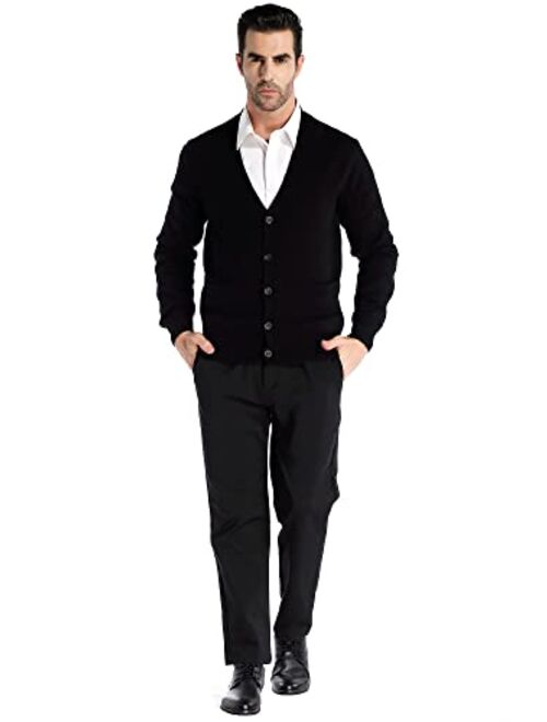 Kallspin Men's Relax Fit V-Neck Cardigan Cashmere Wool Blend Button with Pockets