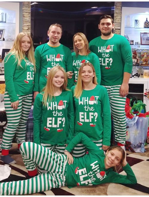 Yaffi Matching Family Pajamas Sets Christmas PJ's with ELF Printing Long Sleeve Tee and Striped Pants Loungewear Sleepwear