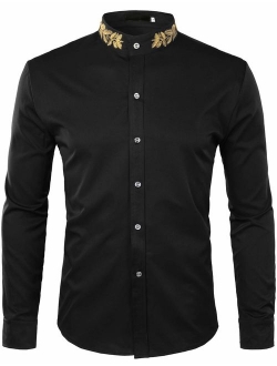 Mens Hipster Gold Embroidery Mandarin Collar Slim Fit Long Sleeve Casual Dress Shirts