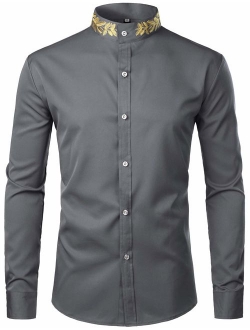 Mens Hipster Gold Embroidery Mandarin Collar Slim Fit Long Sleeve Casual Dress Shirts