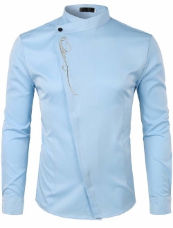 Mens Hipster Gold Embroidery Mandarin Collar Slim Fit Long Sleeve Casual Dress Shirts
