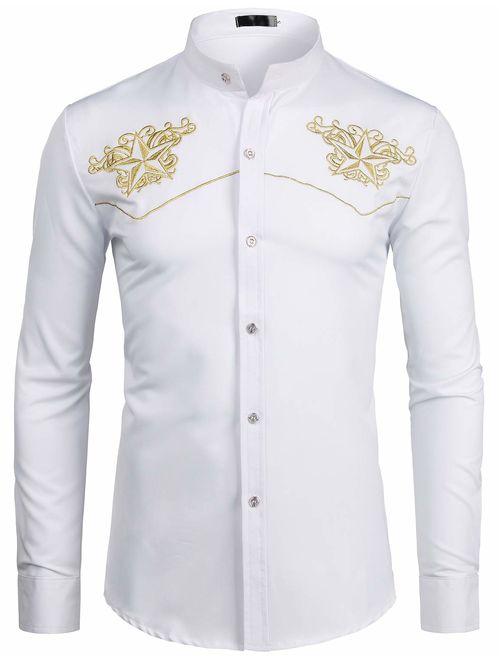 ZEROYAA Mens Hipster Gold Embroidery Mandarin Collar Slim Fit Long Sleeve Casual Dress Shirts