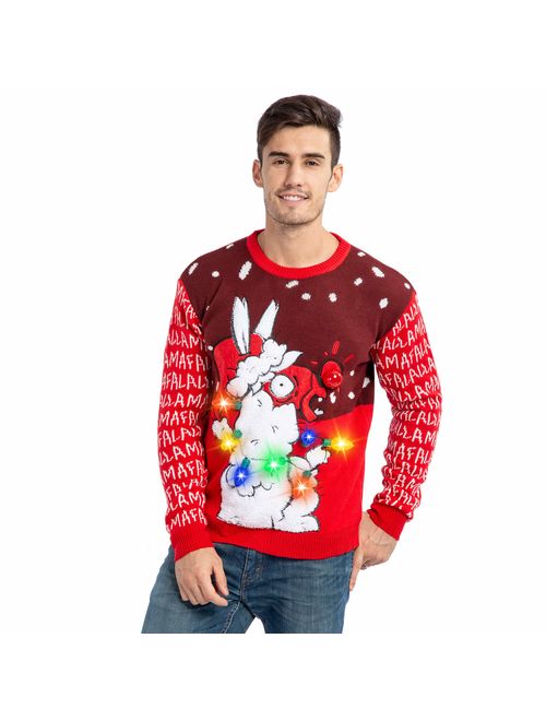 Men's Santa Llama Christmas Holiday Ugly Sweater with Built-in Light-up Bulbs
