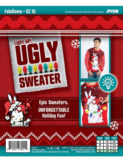 Men's Santa Llama Christmas Holiday Ugly Sweater with Built-in Light-up Bulbs
