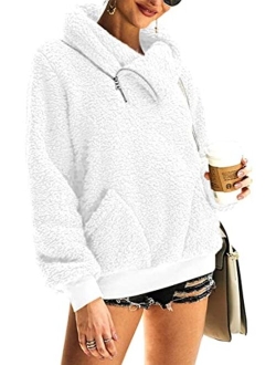 LONGYUAN Womens Long Sleeve Fuzzy Hoodies Warm Fleece Pullover Sweaters Zipped Up with Pocket
