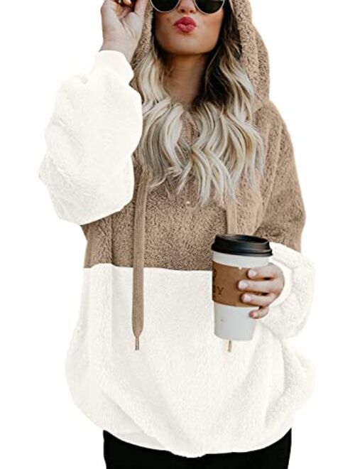 LONGYUAN Womens Long Sleeve Fuzzy Hoodies Warm Fleece Pullover Sweaters Zipped Up with Pocket