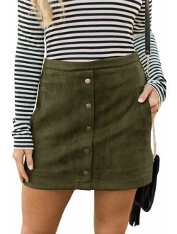 Meyeeka Women's Button Front Faux Suede High Waist A-line Mini Skirt with Pocket