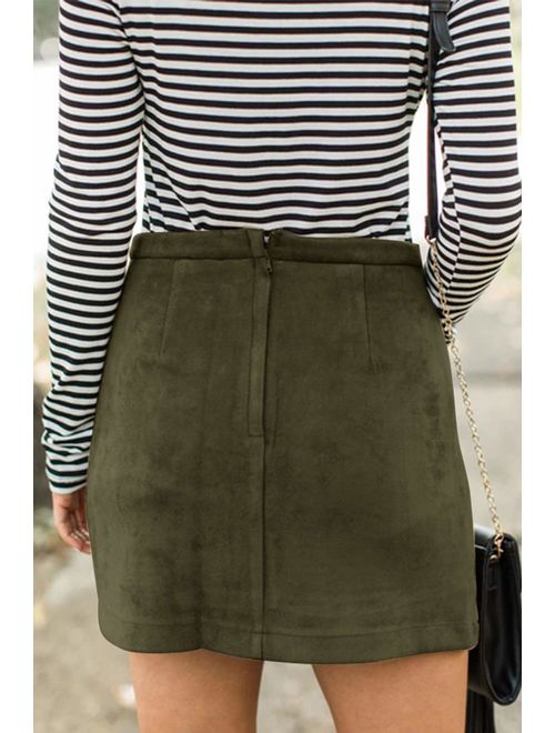 Meyeeka Women's Button Front Faux Suede High Waist A-line Mini Skirt with Pocket