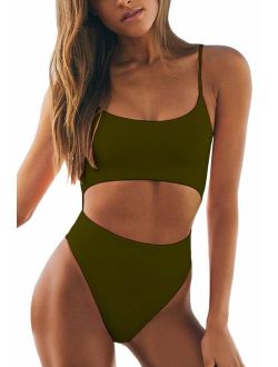 Meyeeka Womens Scoop Neck Cut Out Front Lace Up Back High Cut Monokini One Piece Swimsuit