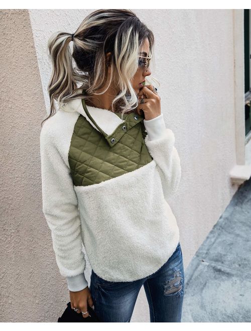 PRETTYGARDEN Women's Warm Long Sleeves Oblique Button Neck Splice Geometric Pattern Fleece Pullover Coat Sweatshirts Outwear