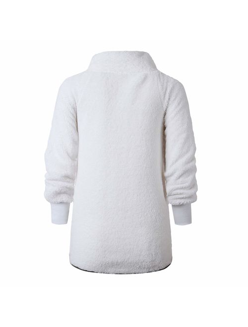 PRETTYGARDEN Women's Warm Long Sleeves Oblique Button Neck Splice Geometric Pattern Fleece Pullover Coat Sweatshirts Outwear