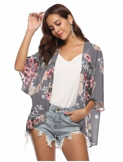 Women Floral Kimono Cardigan Chiffon Casual Loose Open Front Cover Up Tops