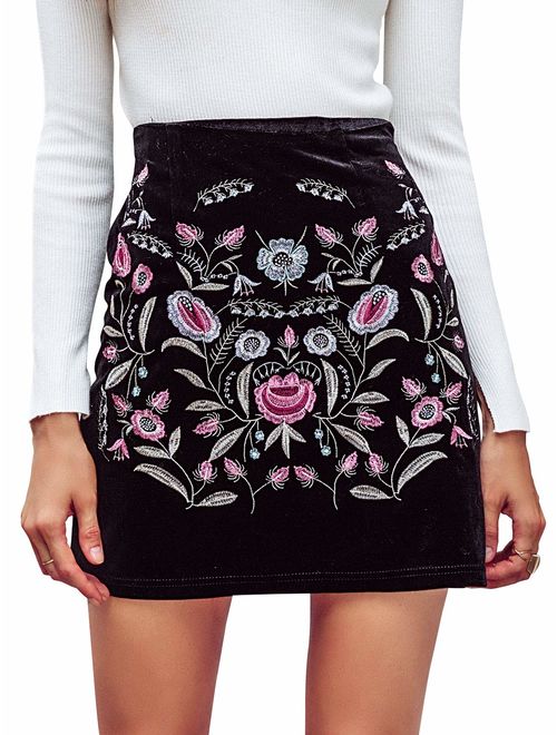BerryGo Women's High Waist Embroidered Mini Skirt Boho Floral Pencil Skirt