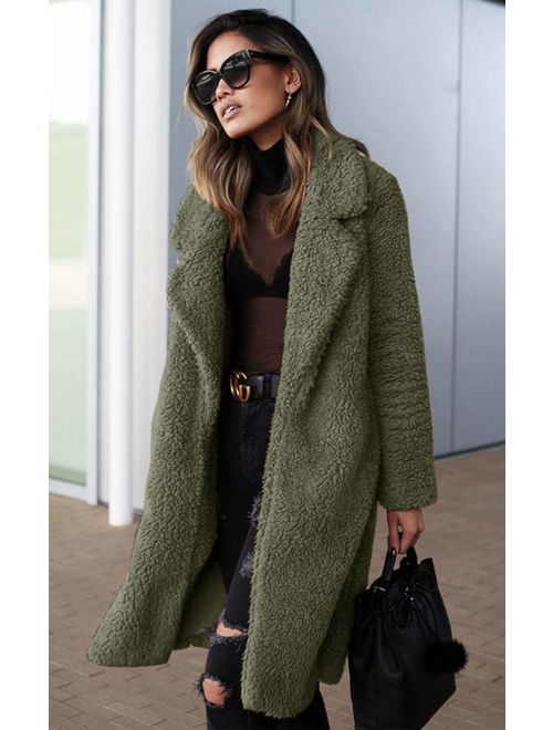 Angashion Women's Fuzzy Fleece Lapel Open Front Long Cardigan Coat Faux Fur Warm Winter Outwear Jackets with Pockets