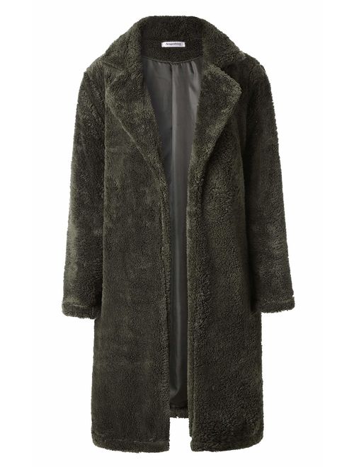 Angashion Women's Fuzzy Fleece Lapel Open Front Long Cardigan Coat Faux Fur Warm Winter Outwear Jackets with Pockets