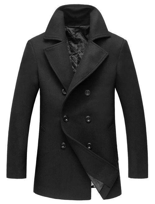 chouyatou Men's Classic Notched Collar Double Breasted Wool Blend Pea Coat