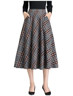 IDEALSANXUN Womens High Elastic Waist Maxi Skirt A-line Plaid Winter Warm Flare Long Skirt