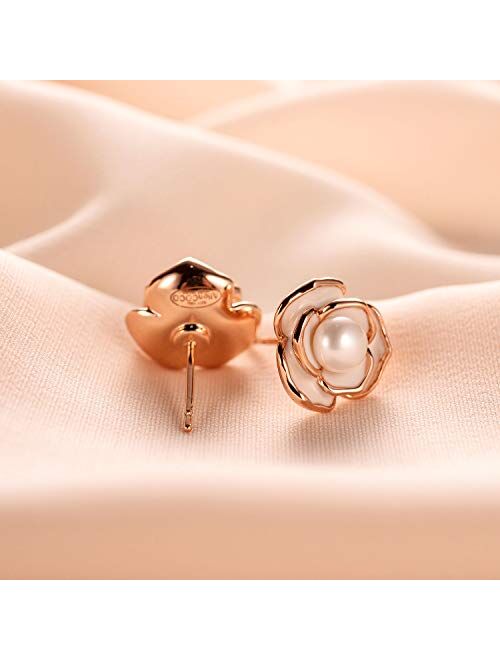 AllenCOCO 18K Gold Plated Black Rose Flower Stud Earrings for Women