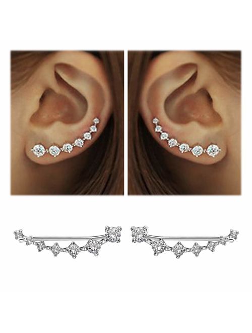 Elensan 7 Crystals Ear Cuffs Hoop Climber S925 Sterling Silver Earrings Hypoallergenic Earring