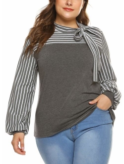Plus Size Blouses for Women Tie-Bow Neck Striped Blouse Long Sleeve Shirt Splicing Office Work Shirts Tops