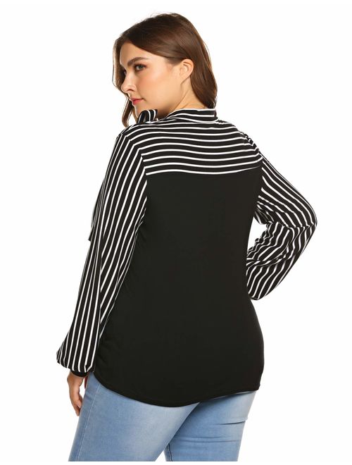 Vogue Women Tie-Bow Neck Striped Casual Top Shirt Loose Blouse Plus Size T-Shirt 