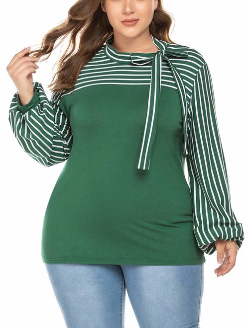 NREALY Tops Womens Striped Patchwork Long Sleeve Bow Pocket Blouse Shirt Top Pullover 
