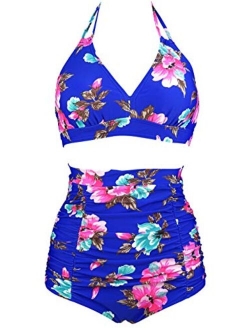 COCOSHIP Retro 50s style swimsuit Black Pink Blue Floral Halter High Waist Bikini Set Halter Carnival Swimsuit(FBA)