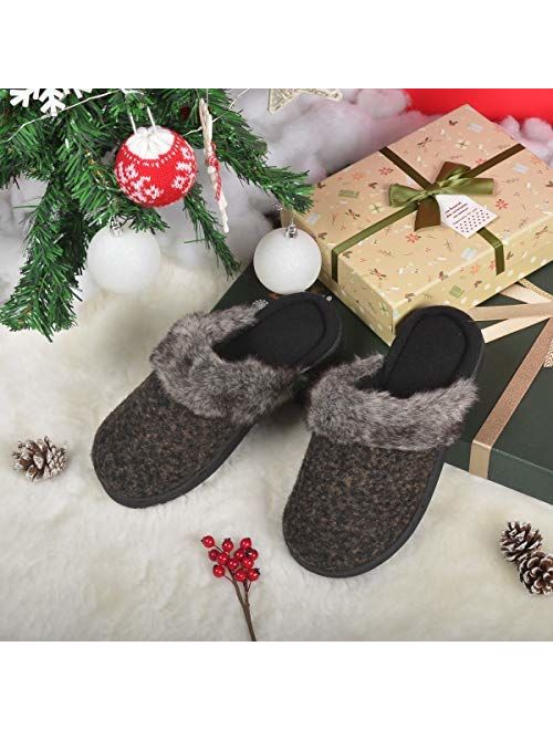 Women's Soft Yarn Cable Knitted Slippers Memory Foam Anti-Skid Sole House Shoes w/Faux Fur Collar, Indoor & Outdoor