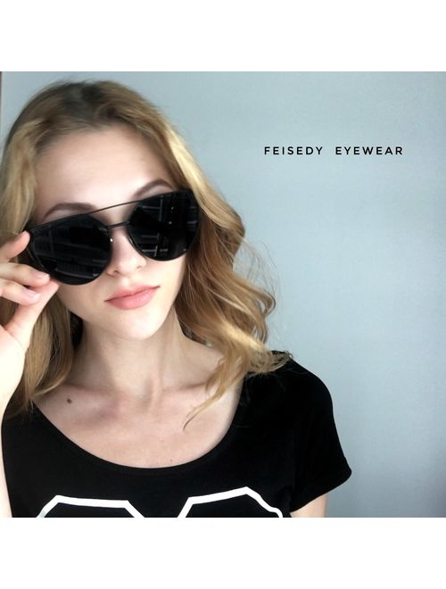 FEISEDY Cat Eye Fashion Metal Frame Mirrored Flat Lenses Women Sunglasses B2206