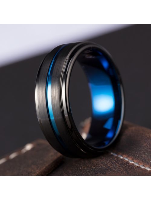 TUSEN JEWELRY Promise Rings 8mm Thin Blue Line Plated Tungsten Ring