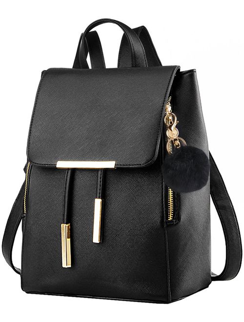 COOFIT Black Faux Leather Backpack for Girls Schoolbag Casual Daypack