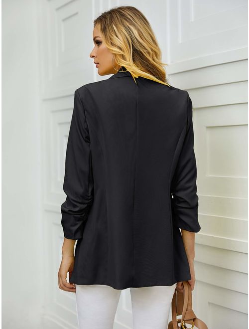 Nulibenna Womens 3/4 Ruched Sleeve Blazer Jacket Lightweight Work Office Open Front Soild Coat